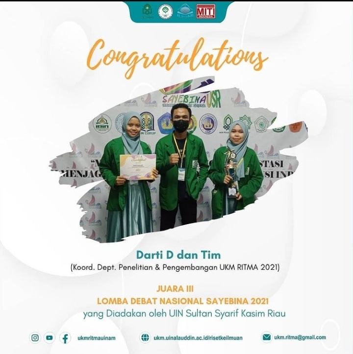 PENGURUS UKM RITMA JUARA 3 DEBAT NASIONAL DALAM AJANG FORMADIKSI UIN SUSKA RIAU