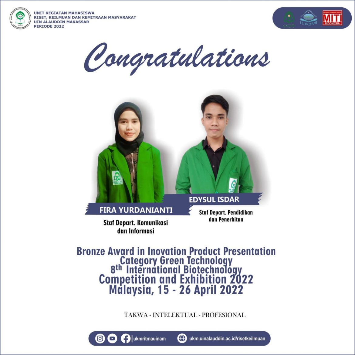 Edy dan Fira Berhasil Meraih Bronze Award  dalam Presentasi Produk Inovasi Kategori  Green Technology yang Diselenggarakan Universiti Teknologi Malaysia